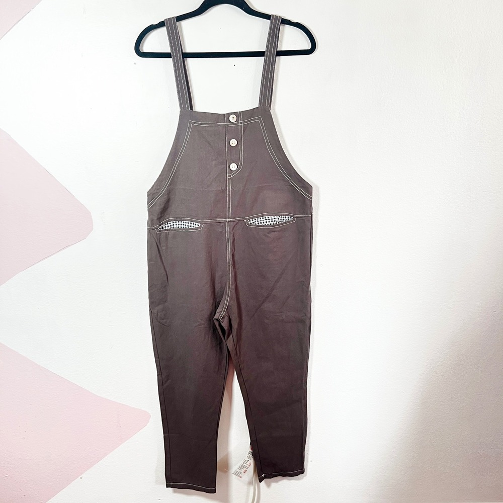 Gray Contrast Stitch Gingham Lined Overalls Size Medium Jumpsuit